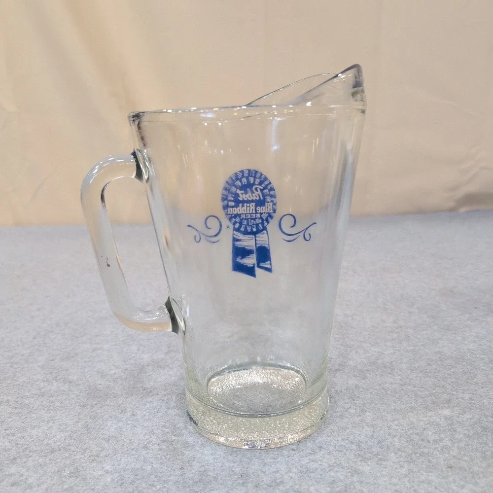 Vintage Pabst Blue Ribbon Beer Glass Pitcher Clear PBR Barware Logo Scroll - Picture 2 of 4